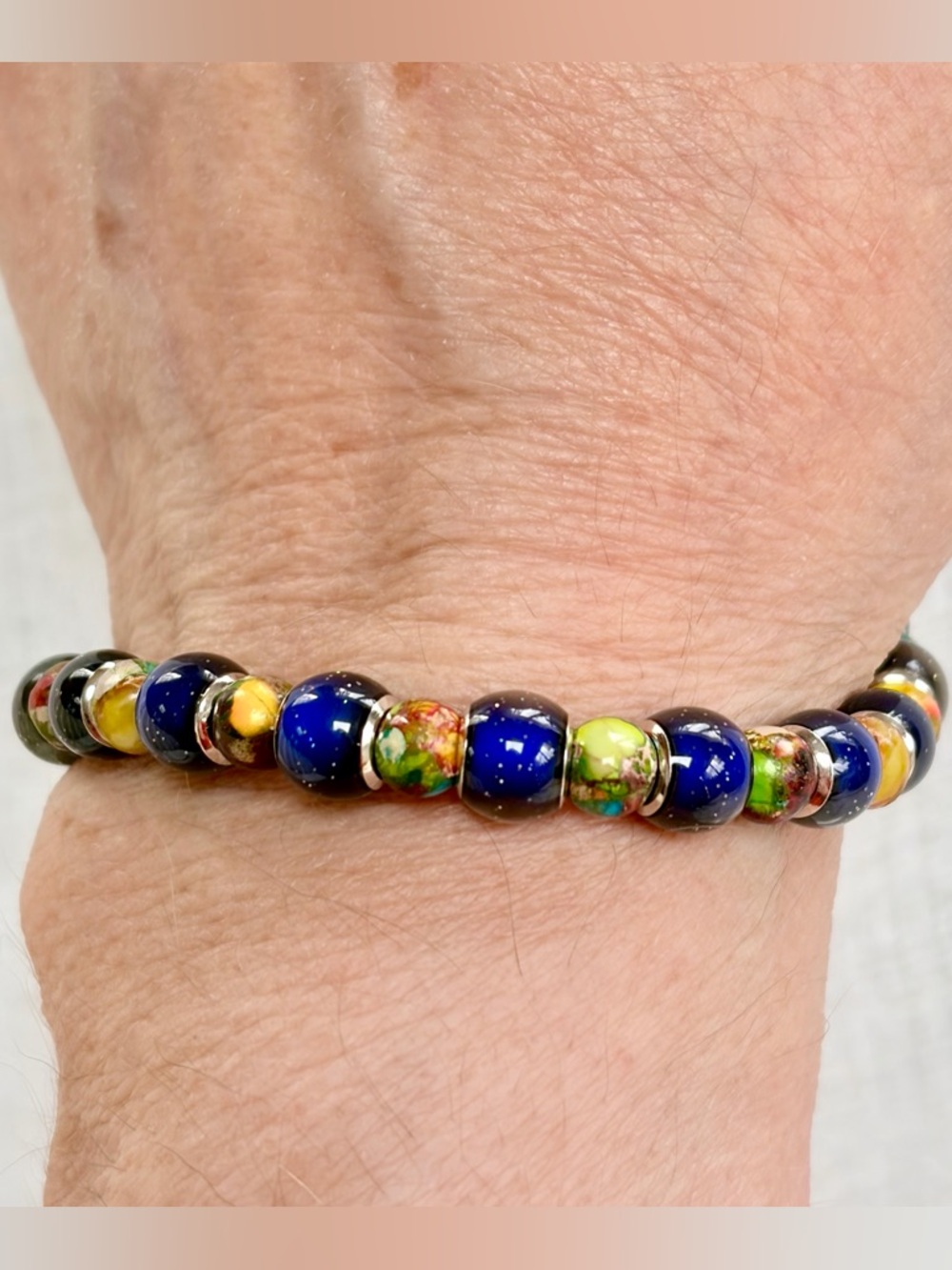 Men’s/women’ Bracelet.Multicolor Sea-sediment,Jasper beads,glass”mood”beads.7.7”